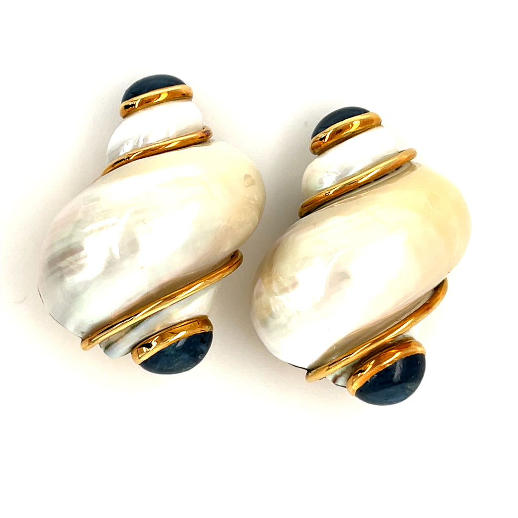 18k Yellow Gold Turbo Shell Earrings W/Sapphire Cabochons by Seaman Schepps