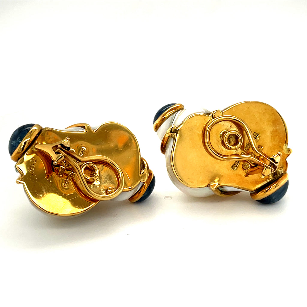 18k Yellow Gold Turbo Shell Earrings W/Sapphire Cabochons by Seaman Schepps