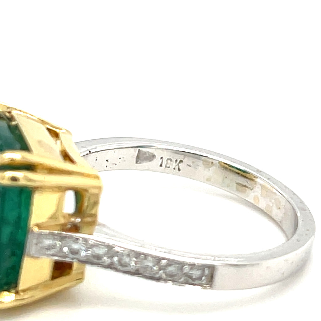 18k Two Tone Gold 6.15 ct Emerald Solitaire Ring with Diamond Accents Size 6.25