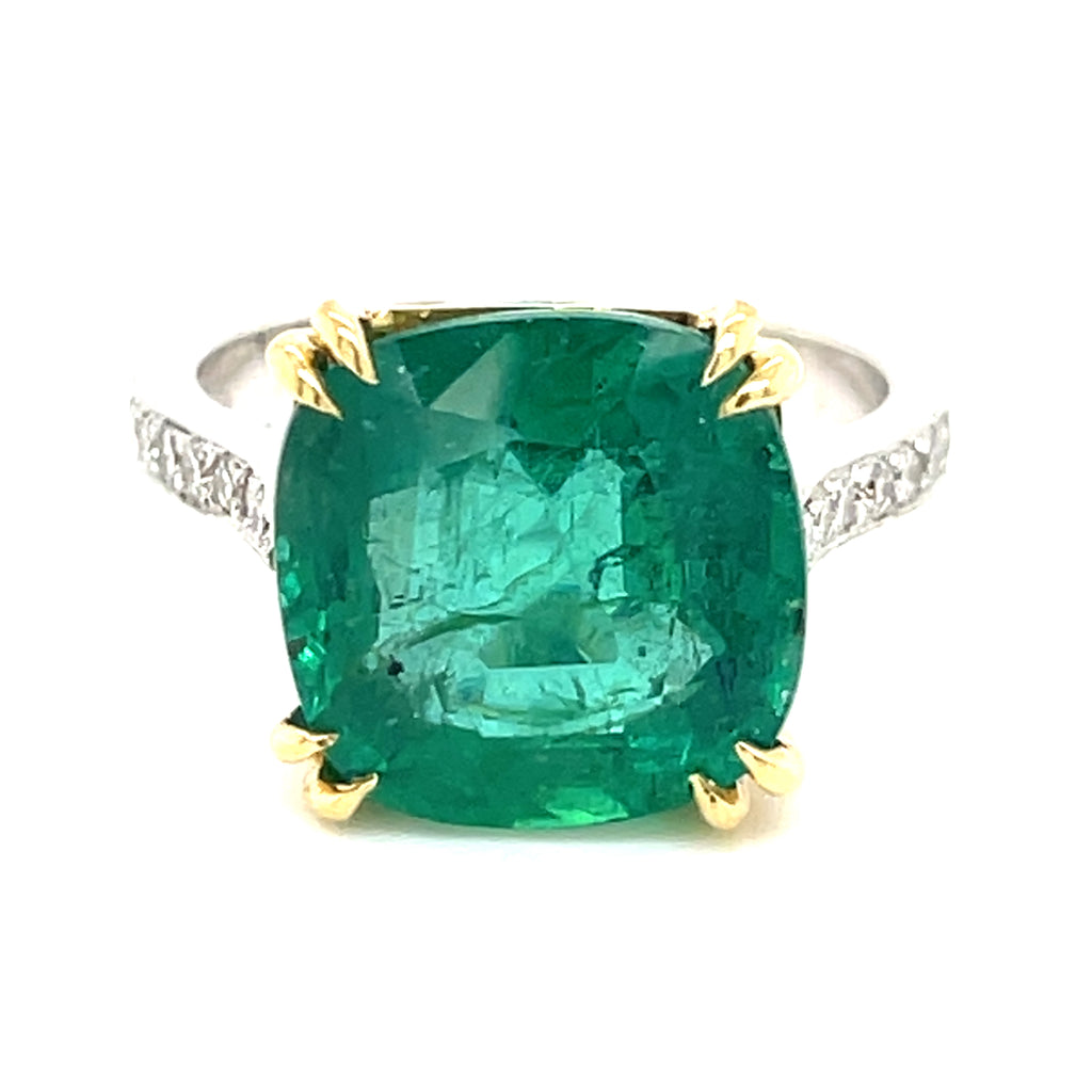 18k Two Tone Gold 6.15 ct Emerald Solitaire Ring with Diamond Accents Size 6.25