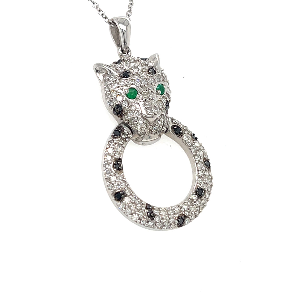 Effy 14k White Gold Panther Circle Pendant w/ 17" Chain 0.82 CTW