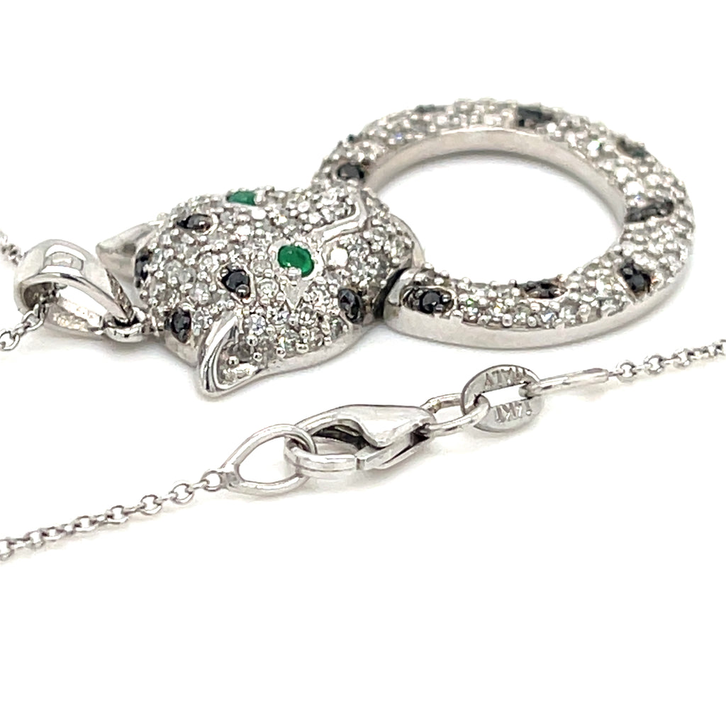 Effy 14k White Gold Panther Circle Pendant w/ 17" Chain 0.82 CTW