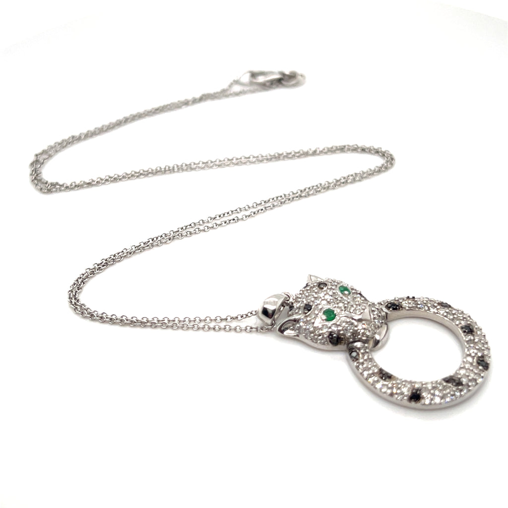 Effy 14k White Gold Panther Circle Pendant w/ 17" Chain 0.82 CTW