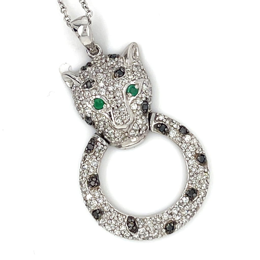 Effy 14k White Gold Panther Circle Pendant w/ 17" Chain 0.82 CTW