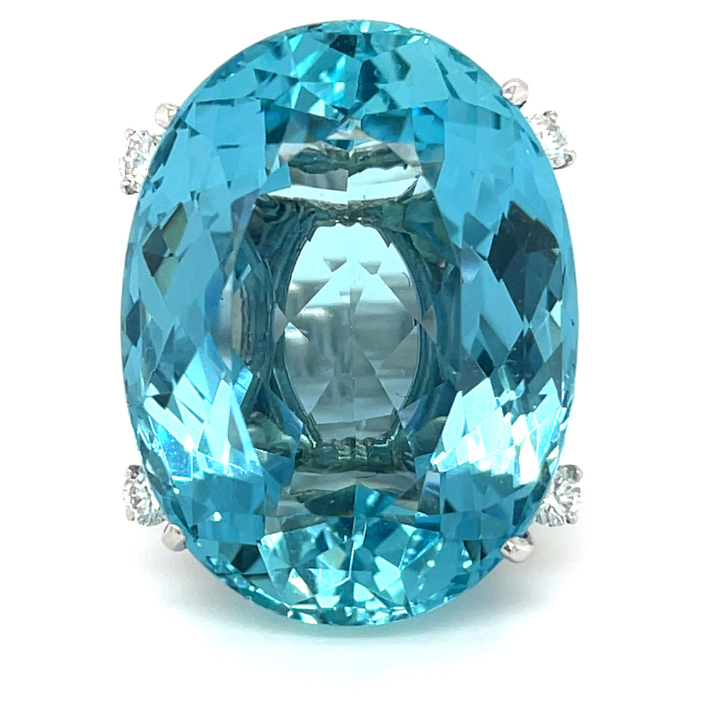 14k White Gold Oval 60.05 ct Aquamarine Ring w/ 0.55 ct Dia Accents Sz 6.5