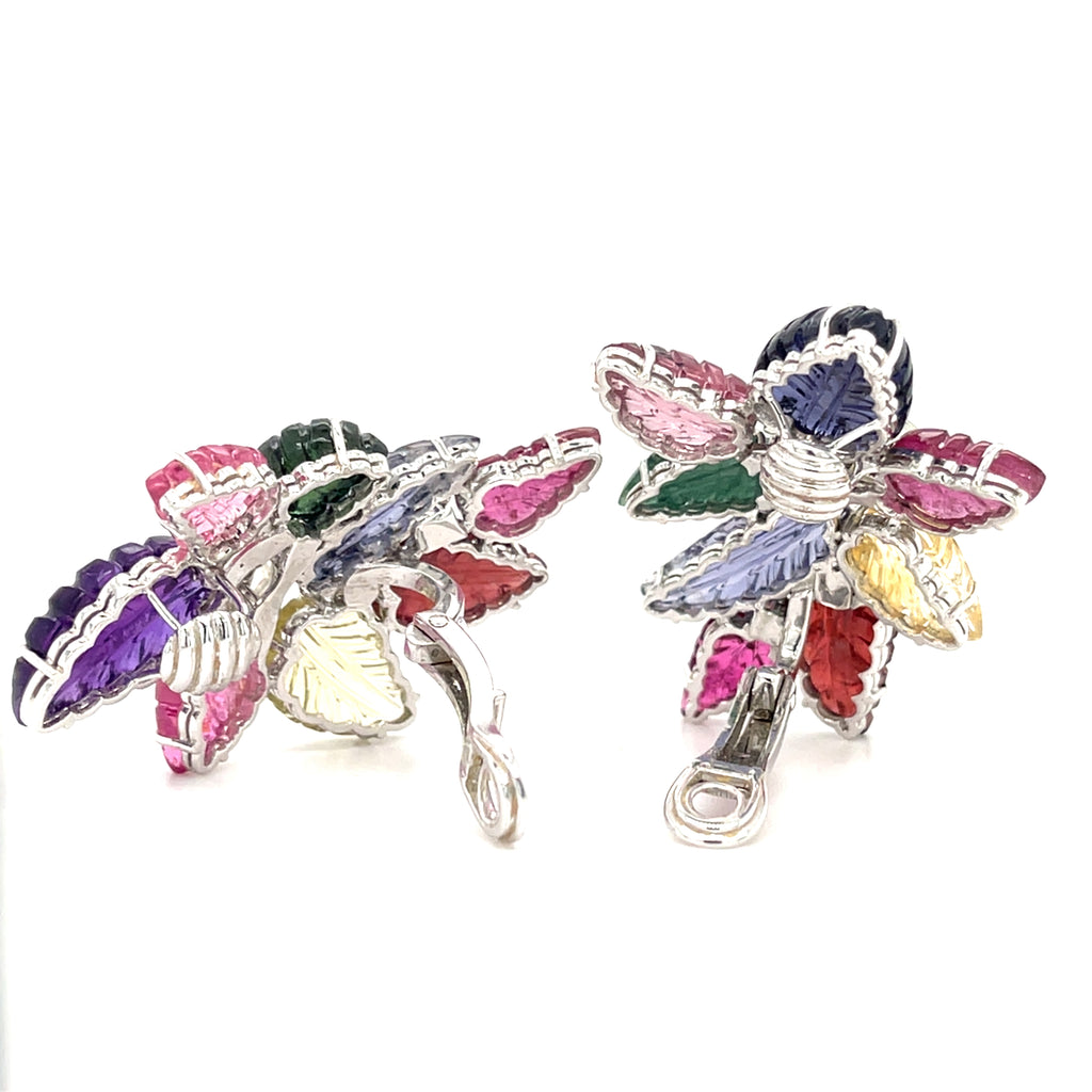 Amazing, Unique 18k White Gold Carved Semi-Precious Foliate Earrings