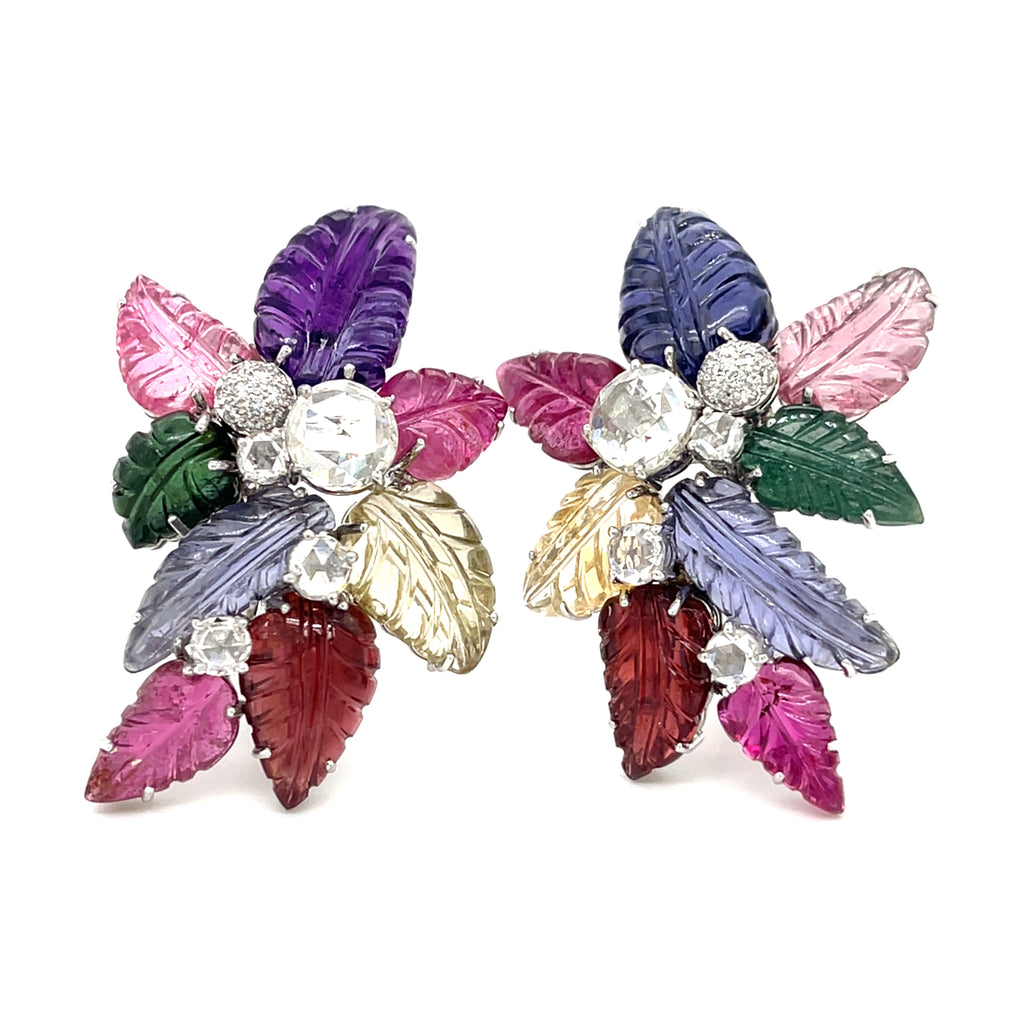 Amazing, Unique 18k White Gold Carved Semi-Precious Foliate Earrings