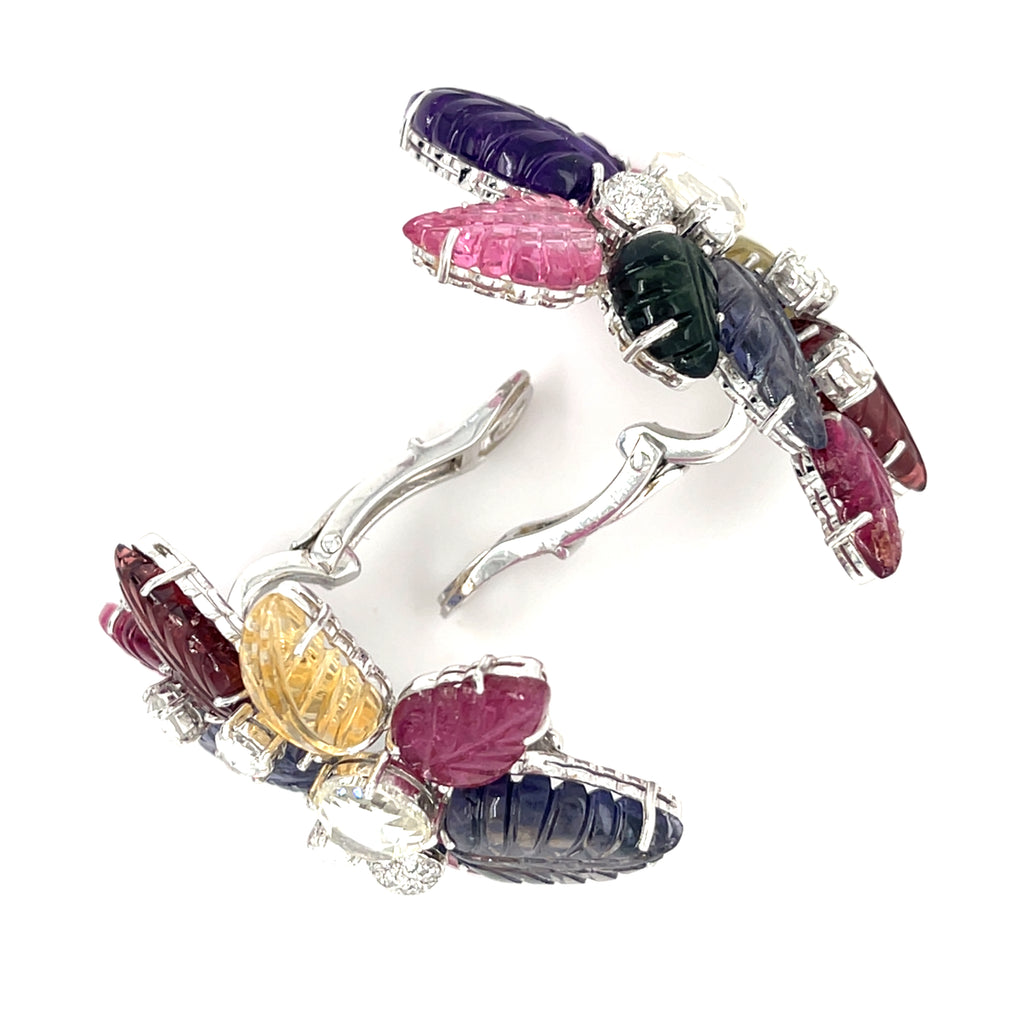 Amazing, Unique 18k White Gold Carved Semi-Precious Foliate Earrings