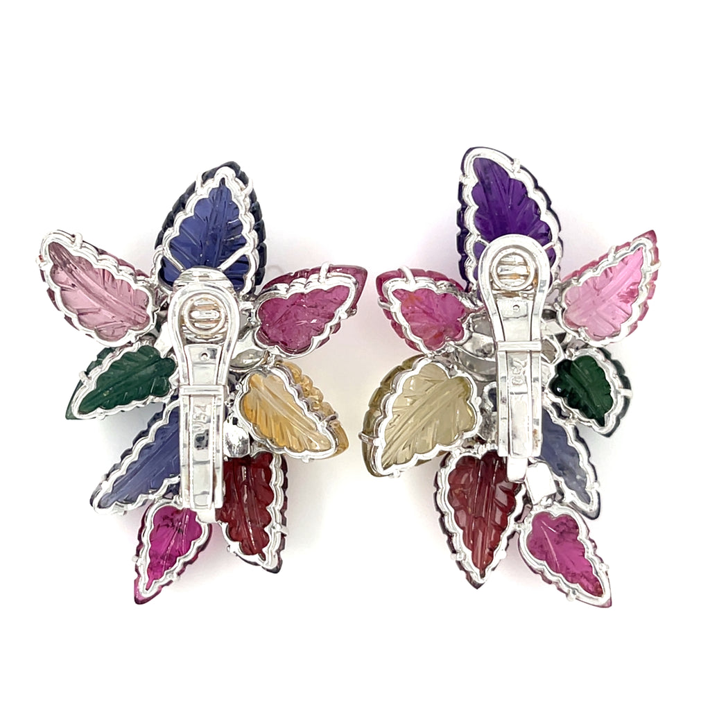 Amazing, Unique 18k White Gold Carved Semi-Precious Foliate Earrings