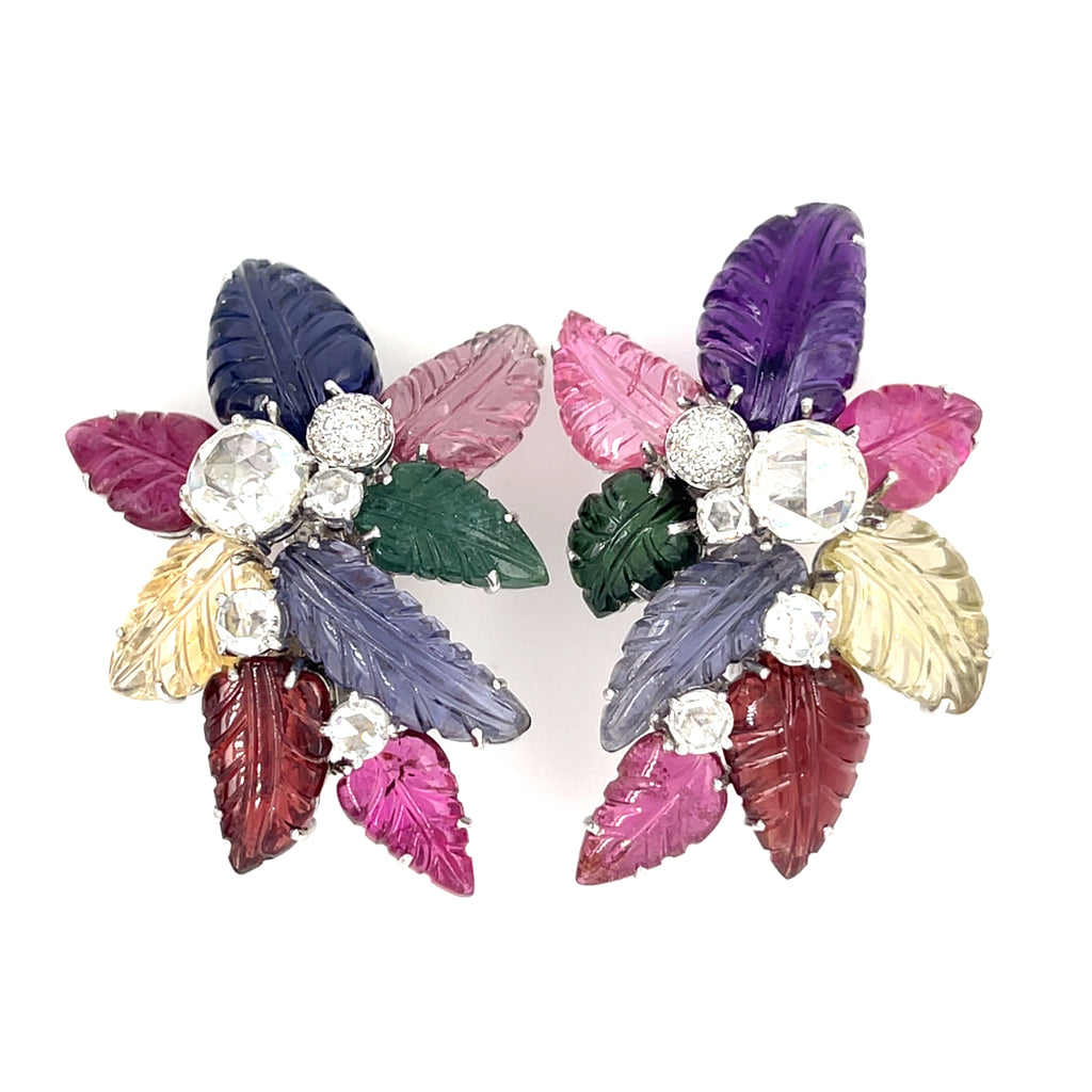 Amazing, Unique 18k White Gold Carved Semi-Precious Foliate Earrings