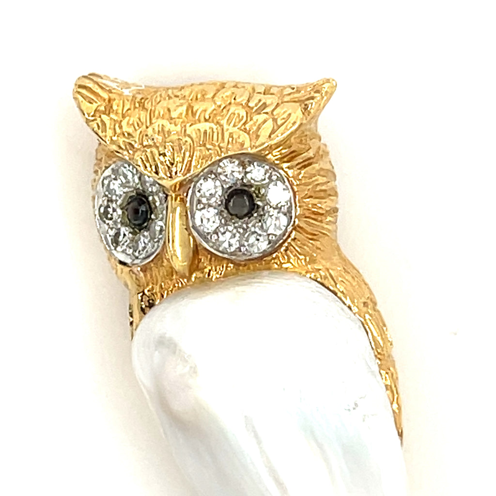 Ruser 18k Yellow Gold Freshwater Cultured Pearl Owl Brooch 0.60 ct Diamond