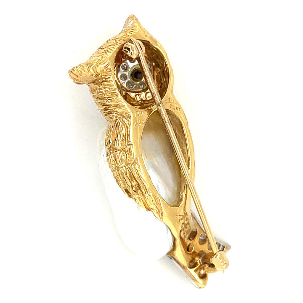 Ruser 18k Yellow Gold Freshwater Cultured Pearl Owl Brooch 0.60 ct Diamond