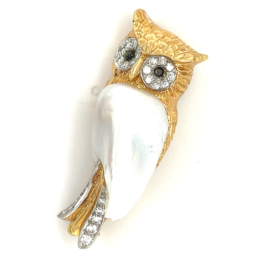 Ruser 18k Yellow Gold Freshwater Cultured Pearl Owl Brooch 0.60 ct Diamond