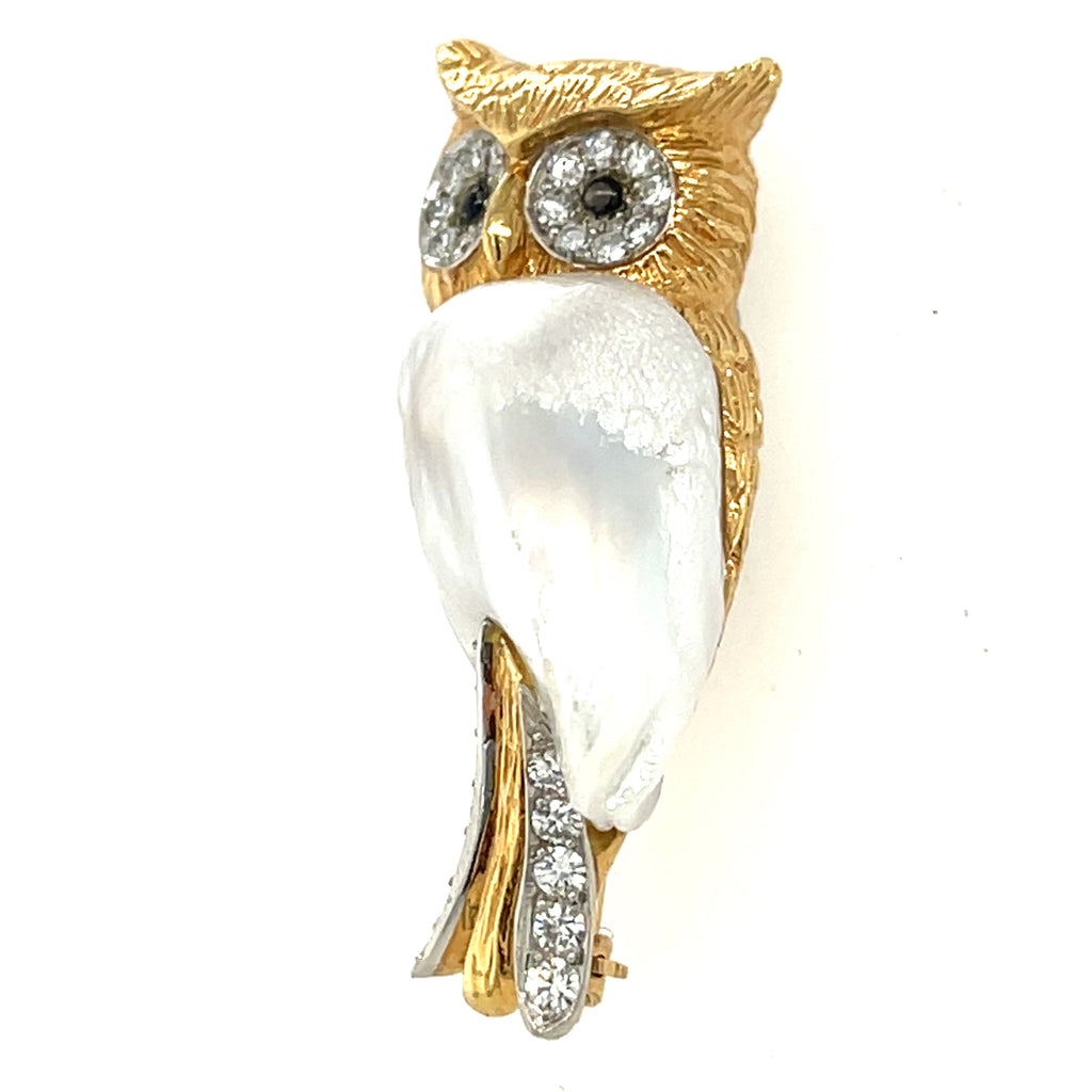 Ruser 18k Yellow Gold Freshwater Cultured Pearl Owl Brooch 0.60 ct Diamond