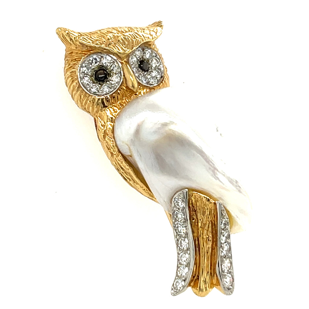 Ruser 18k Yellow Gold Freshwater Cultured Pearl Owl Brooch 0.60 ct Diamond