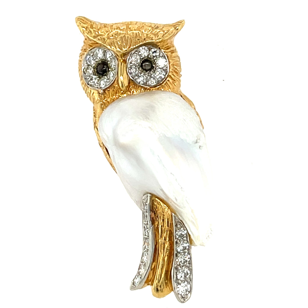 Ruser 18k Yellow Gold Freshwater Cultured Pearl Owl Brooch 0.60 ct Diamond