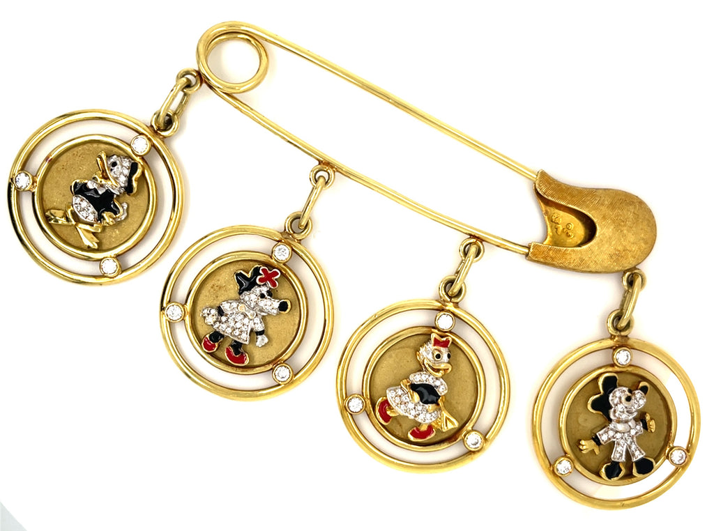 Whimsical Disney Inspired 18k Yellow Gold Diamond Brooch w/Charms 108.90gr