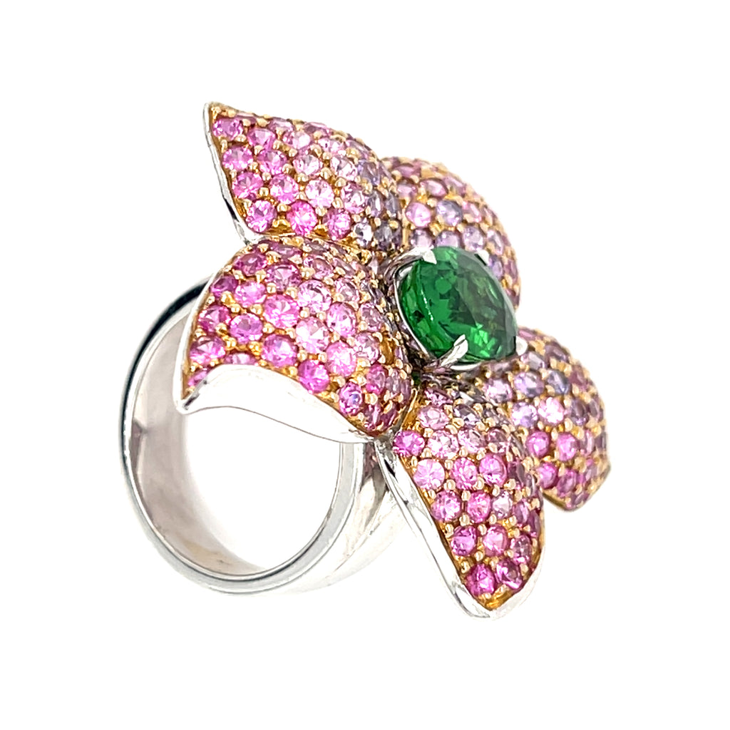 Tsavorite Garnet and Pink Sapphires Flower Ring in 18k Two-Tone Gold sz 6 5/8