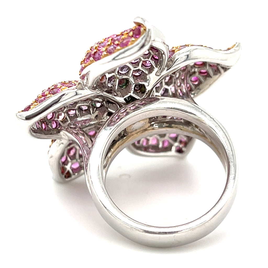Tsavorite Garnet and Pink Sapphires Flower Ring in 18k Two-Tone Gold sz 6 5/8