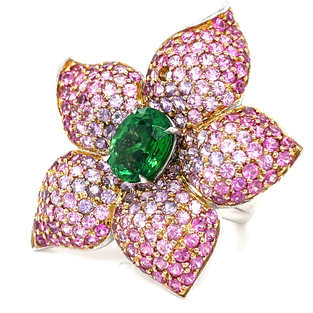 Tsavorite Garnet and Pink Sapphires Flower Ring in 18k Two-Tone Gold sz 6 5/8