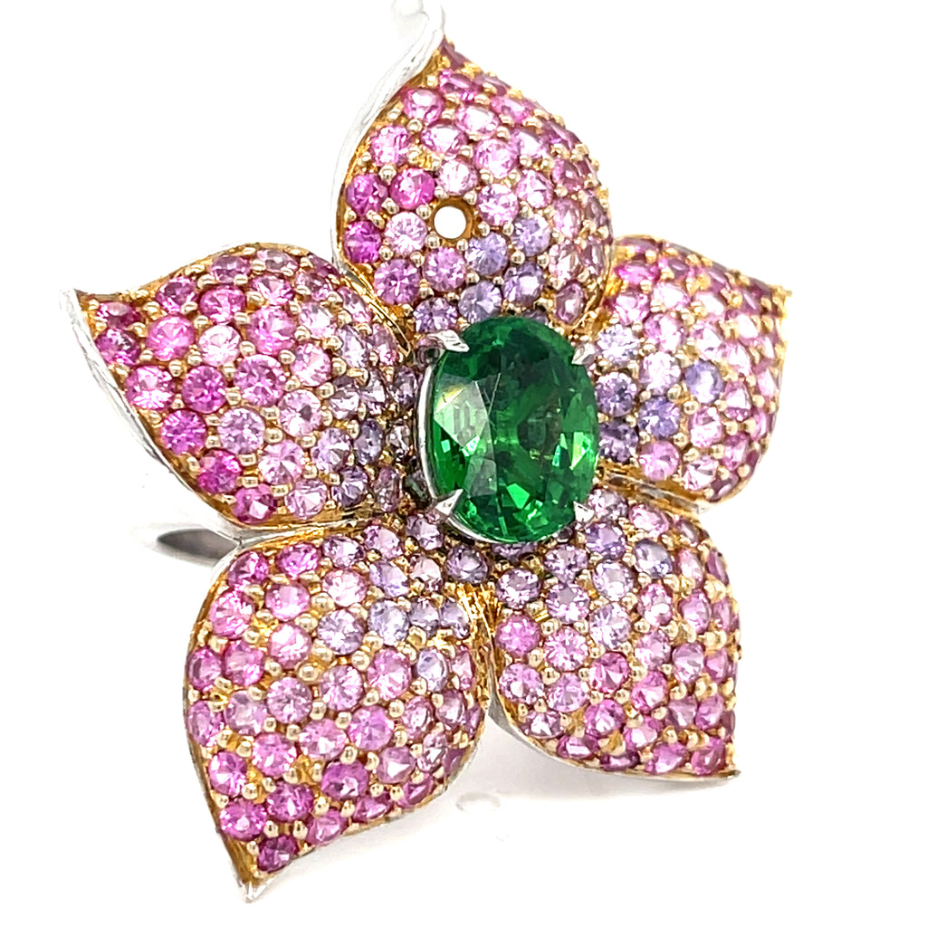 Tsavorite Garnet and Pink Sapphires Flower Ring in 18k Two-Tone Gold sz 6 5/8