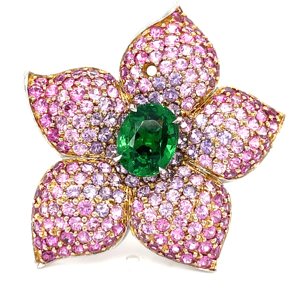 Tsavorite Garnet and Pink Sapphires Flower Ring in 18k Two-Tone Gold sz 6 5/8