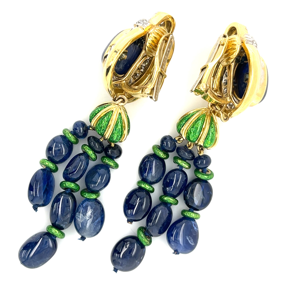 David Webb 18k Yellow Gold and Platinum Sapphire Day/Night Drop Earrings