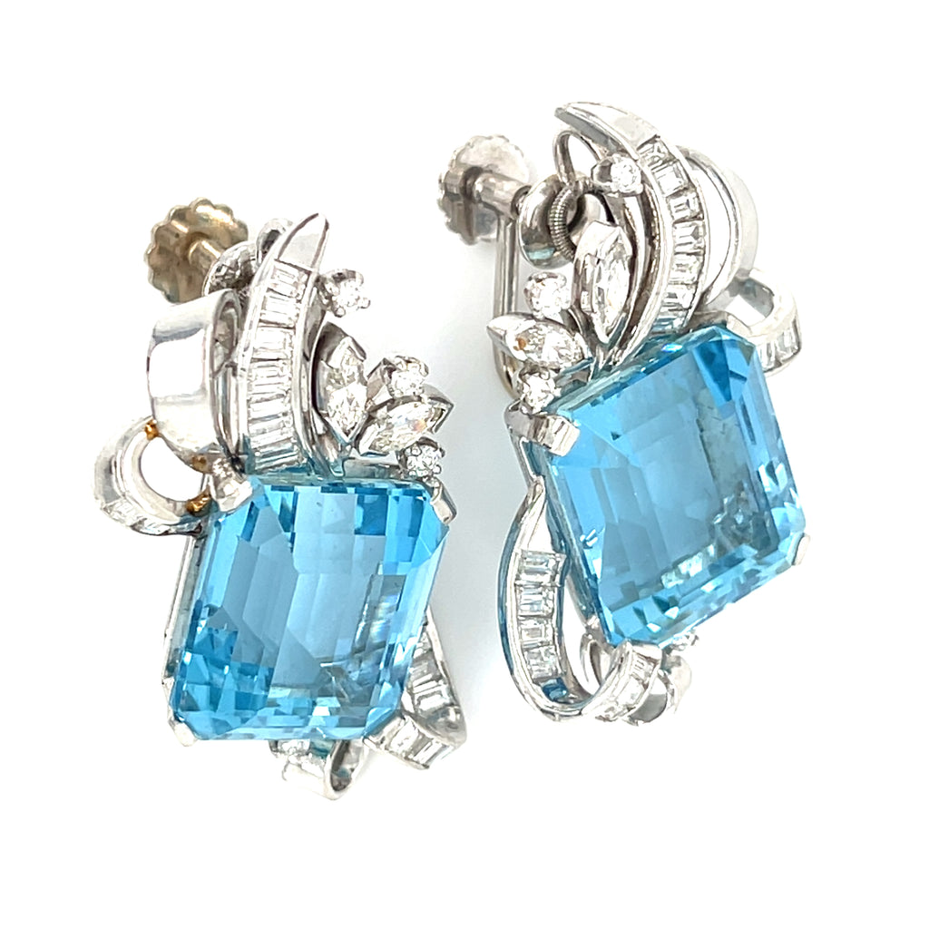 Aquamarine and Diamond  Set in Platinum Clip-On Earrings,  22.6gr