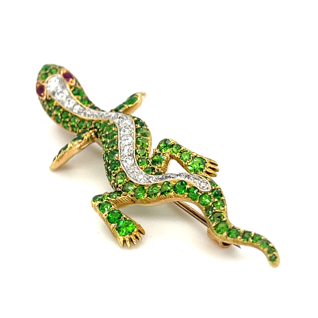 18k Gold 19th Century Antique Demantoid Garnet, Ruby, and Diamond Gecko Brooch