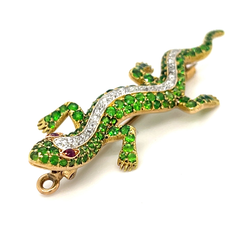 18k Gold 19th Century Antique Demantoid Garnet, Ruby, and Diamond Gecko Brooch