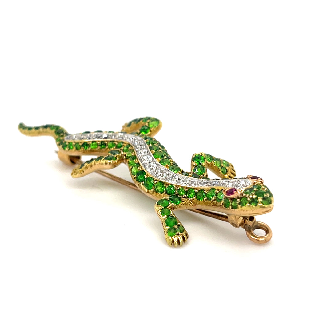 18k Gold 19th Century Antique Demantoid Garnet, Ruby, and Diamond Gecko Brooch