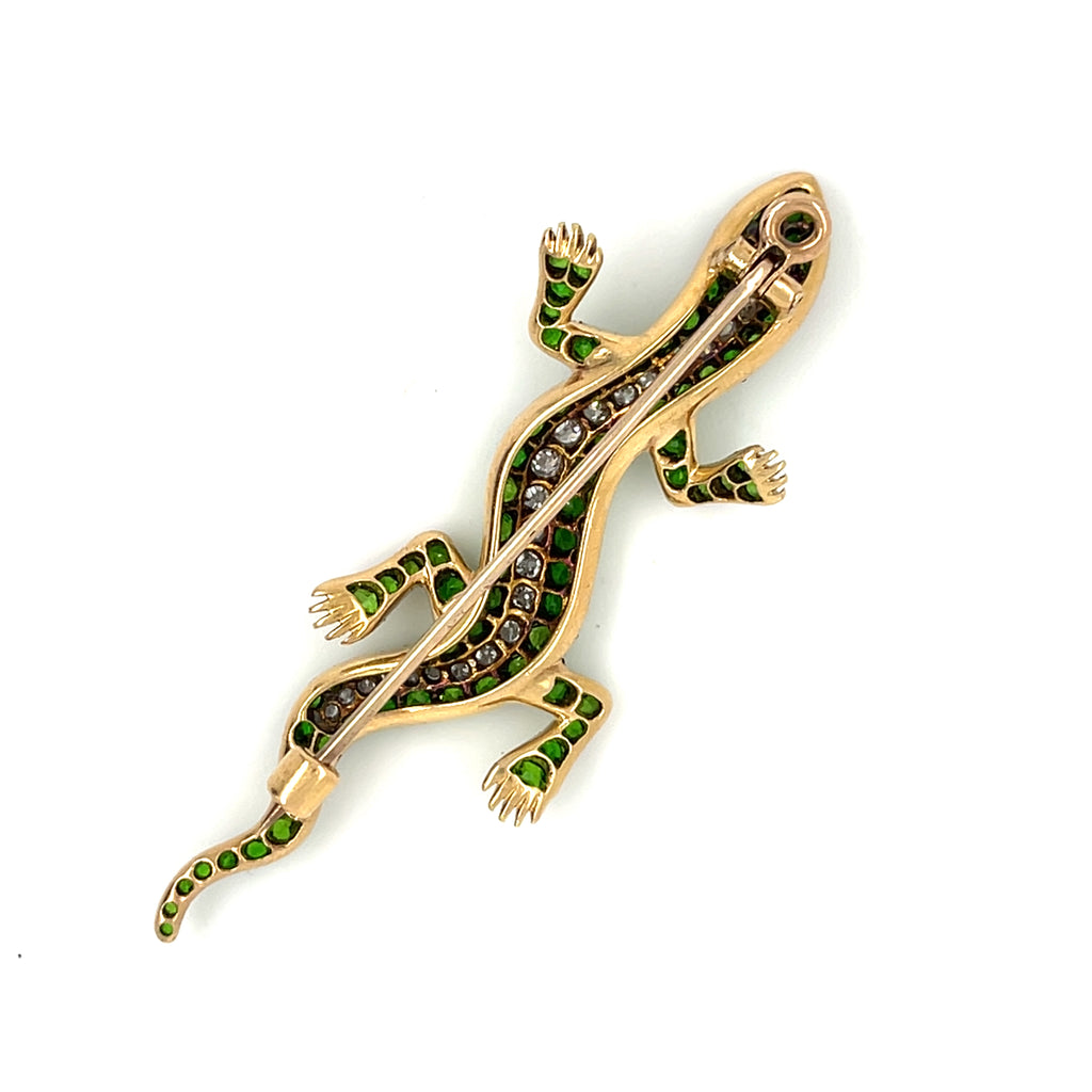 18k Gold 19th Century Antique Demantoid Garnet, Ruby, and Diamond Gecko Brooch