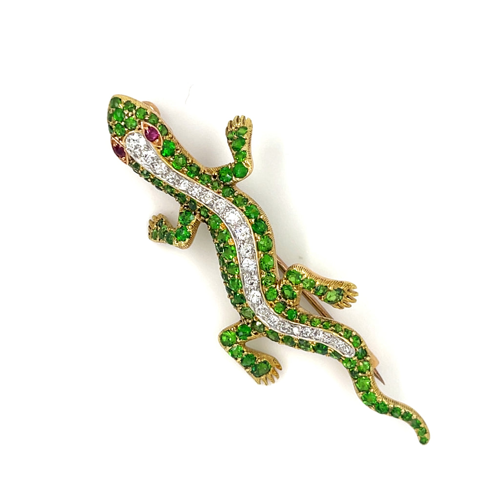 18k Gold 19th Century Antique Demantoid Garnet, Ruby, and Diamond Gecko Brooch