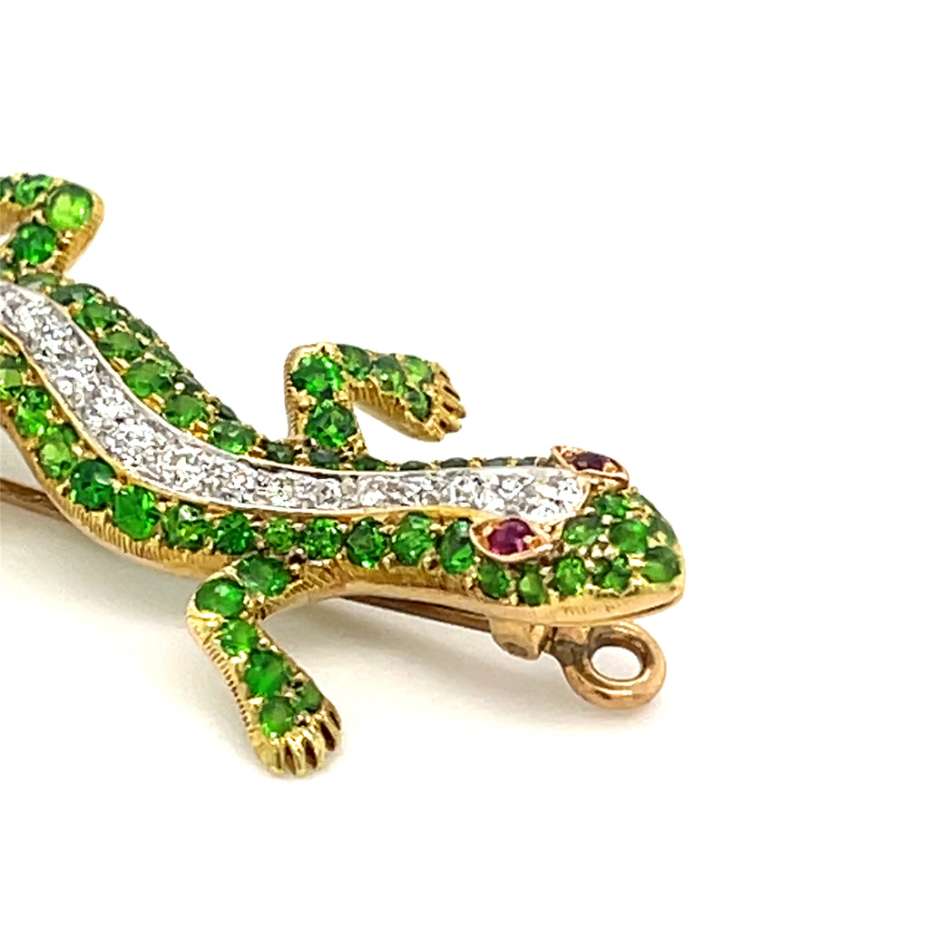 18k Gold 19th Century Antique Demantoid Garnet, Ruby, and Diamond Gecko Brooch