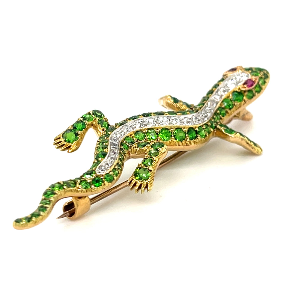 18k Gold 19th Century Antique Demantoid Garnet, Ruby, and Diamond Gecko Brooch