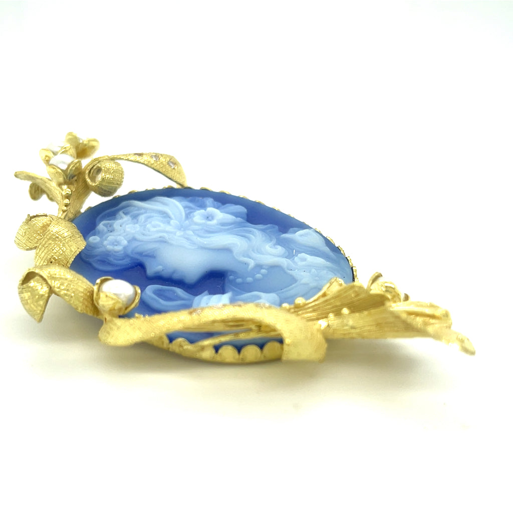 18k Yellow Gold Carved Chalcedony Cameo w/ Diamond and Cultured Pearl Accents