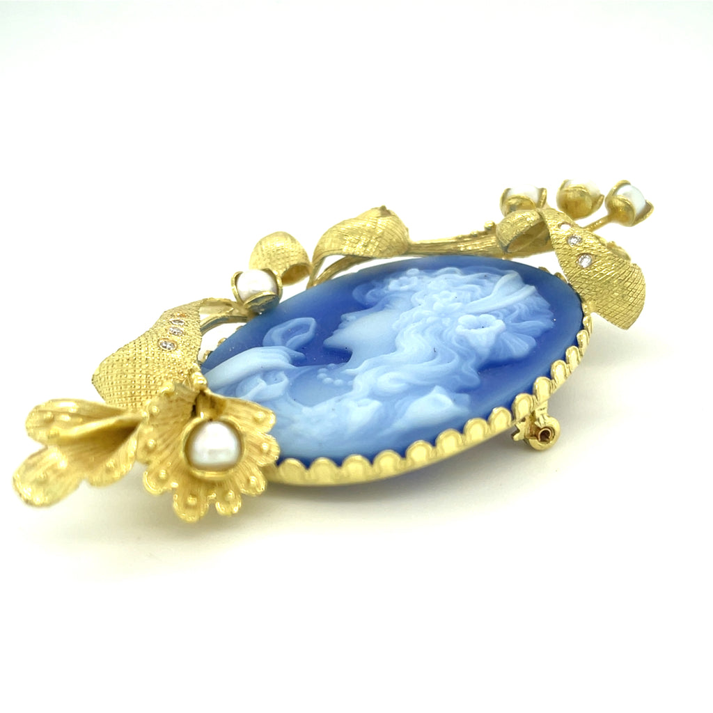 18k Yellow Gold Carved Chalcedony Cameo w/ Diamond and Cultured Pearl Accents