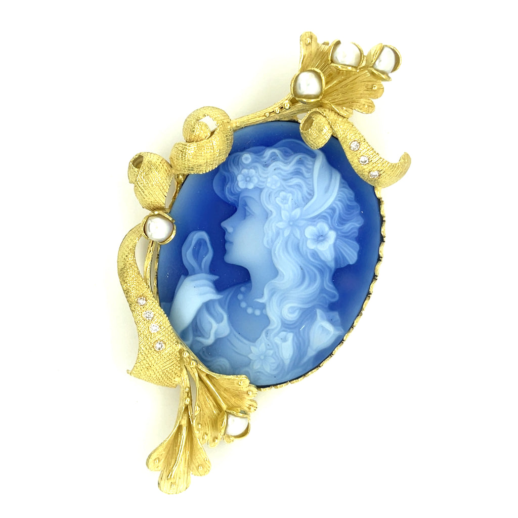 18k Yellow Gold Carved Chalcedony Cameo w/ Diamond and Cultured Pearl Accents