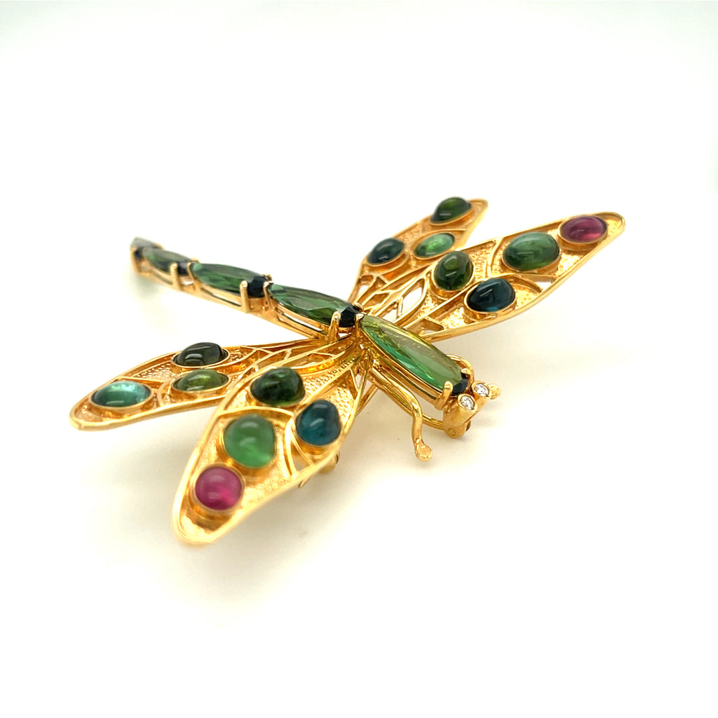 14k Yellow Gold Delicate Dragonfly Brooch with Tourmaline Accents Beautiful!