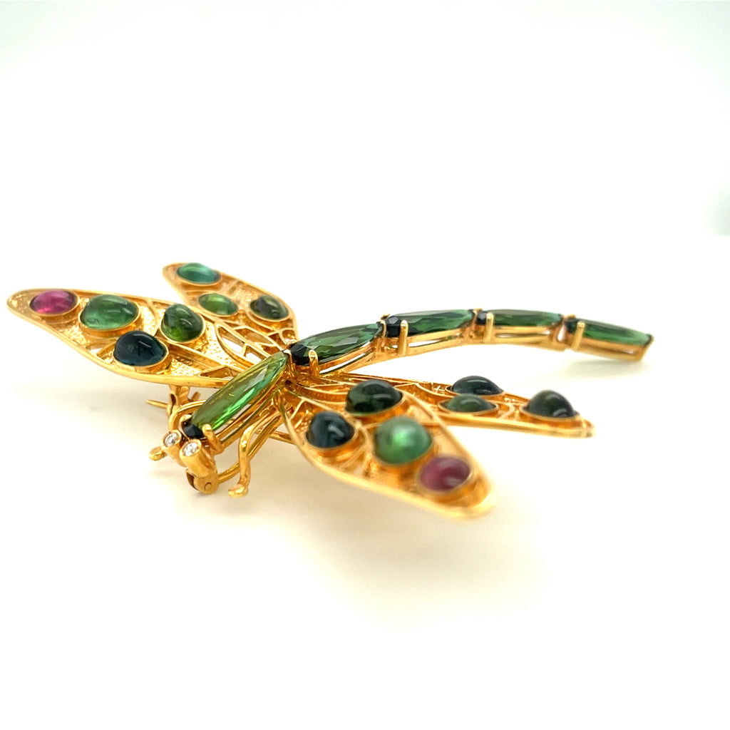 14k Yellow Gold Delicate Dragonfly Brooch with Tourmaline Accents Beautiful!