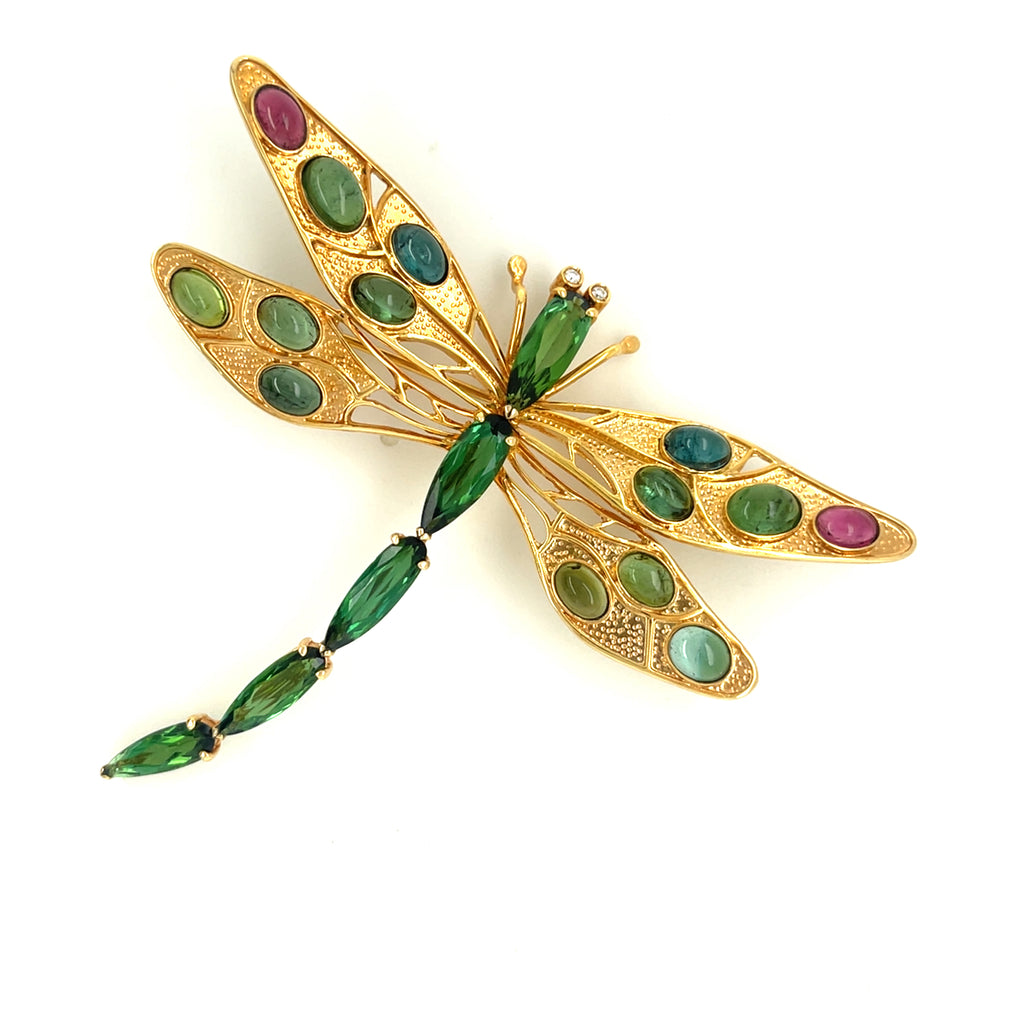 14k Yellow Gold Delicate Dragonfly Brooch with Tourmaline Accents Beautiful!