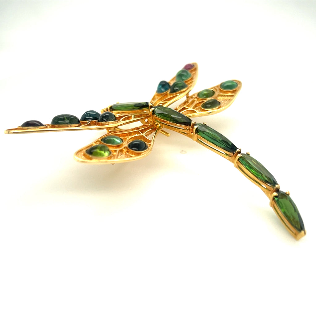 14k Yellow Gold Delicate Dragonfly Brooch with Tourmaline Accents Beautiful!