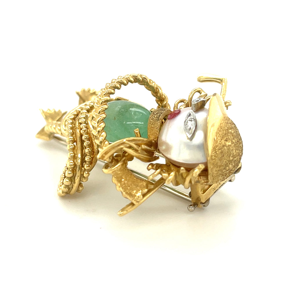 18k Yellow Gold Cultured Pearl, Green Beryl, and Gemstone Golfer Brooch Vintage