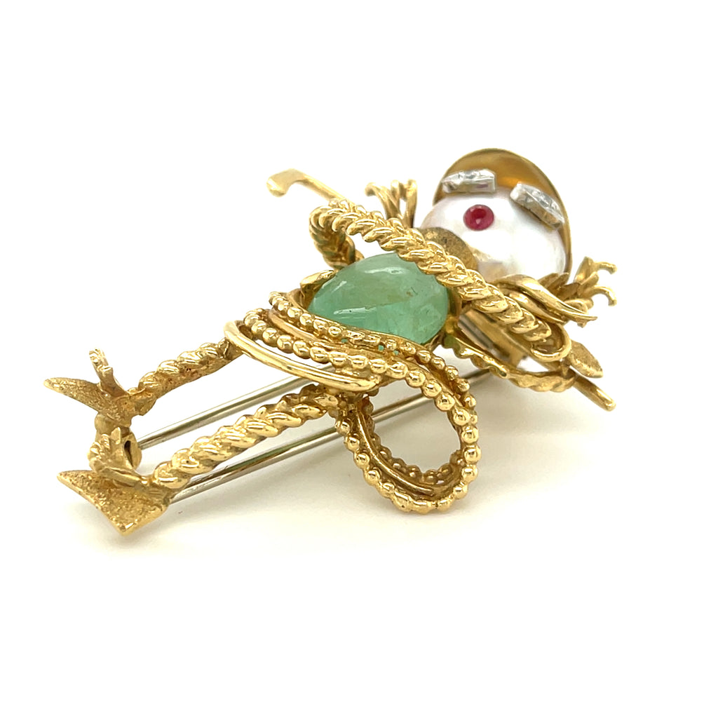 18k Yellow Gold Cultured Pearl, Green Beryl, and Gemstone Golfer Brooch Vintage
