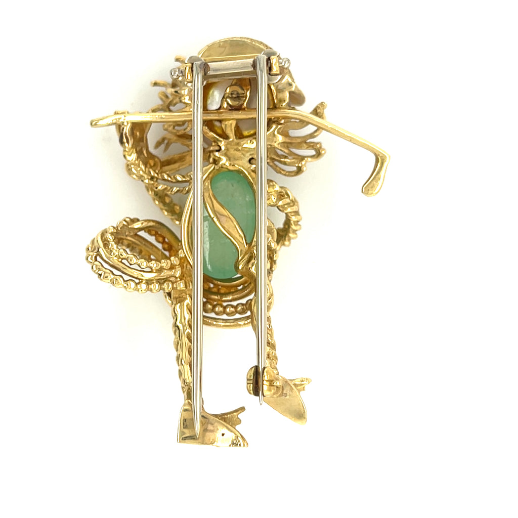 18k Yellow Gold Cultured Pearl, Green Beryl, and Gemstone Golfer Brooch Vintage