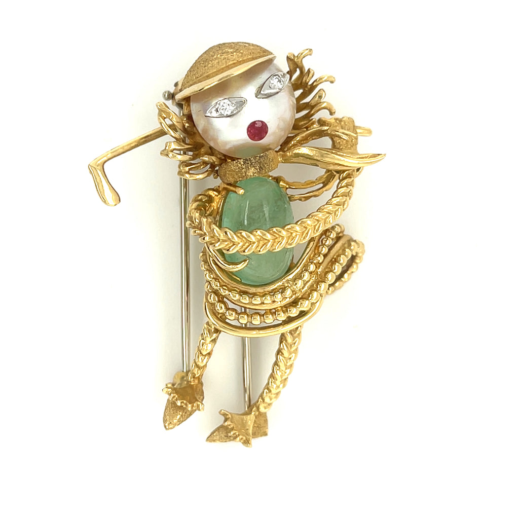 18k Yellow Gold Cultured Pearl, Green Beryl, and Gemstone Golfer Brooch Vintage