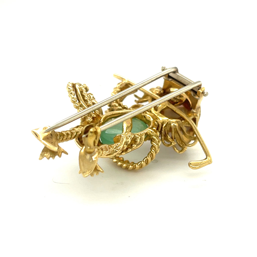 18k Yellow Gold Cultured Pearl, Green Beryl, and Gemstone Golfer Brooch Vintage