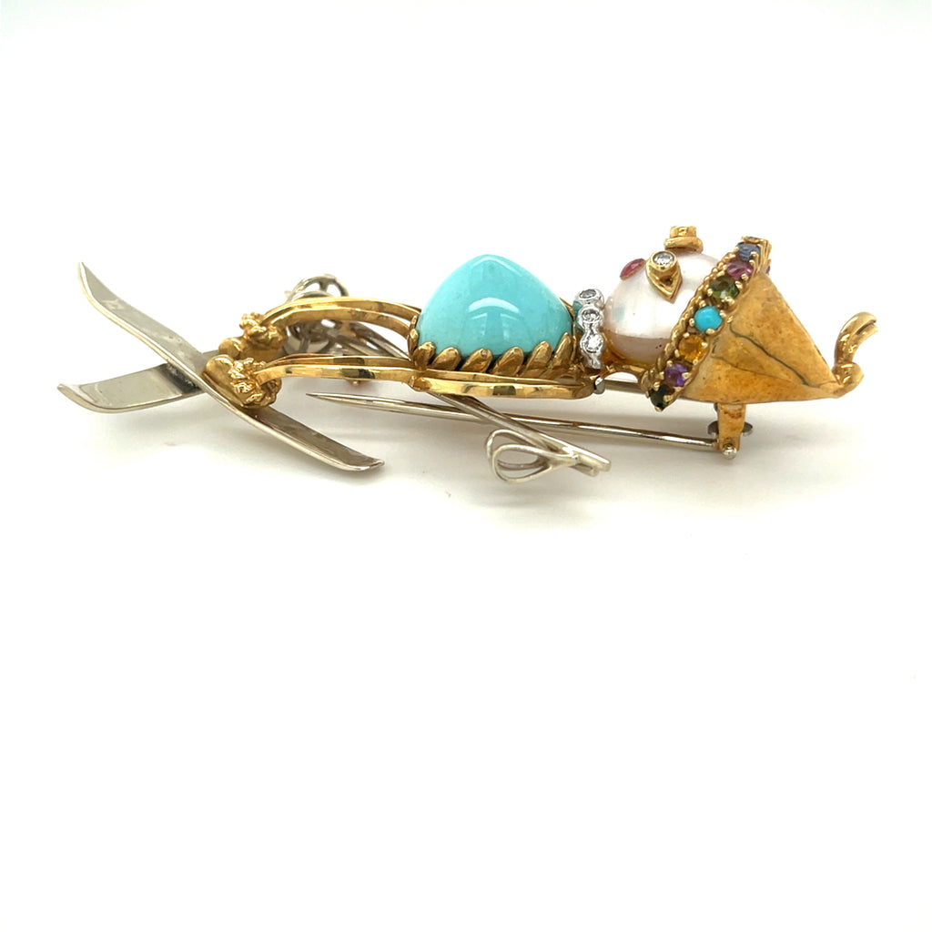 18k Yellow Gold Multi-Gem Figural Skiier Brooch Vintage!