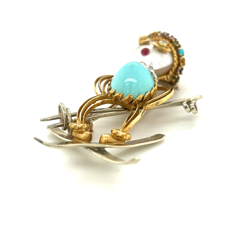 18k Yellow Gold Multi-Gem Figural Skiier Brooch Vintage!