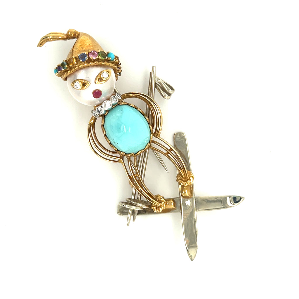 18k Yellow Gold Multi-Gem Figural Skiier Brooch Vintage!